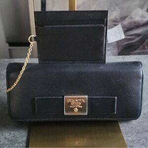 Prada Black Saffiano Ribbon Leather Wallet on Chain*AUTHENTIC*